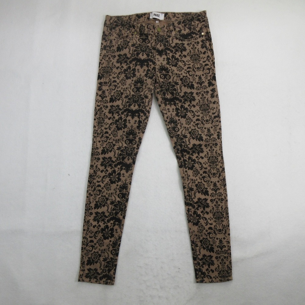 Paige Women's Verdugo Ultra Skinny Jeans 31 Floral Damask Tan Black Stretch